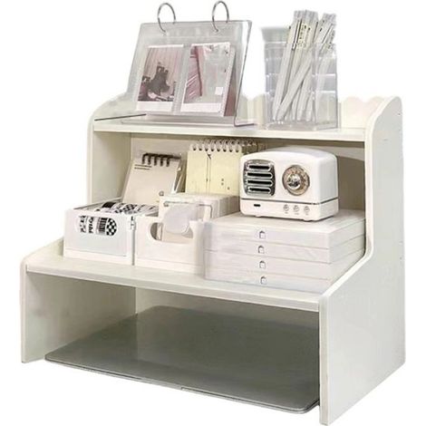 1 Étagère de bureau, 2 niveaux, Bois et plastique, Rangement livres papeterie, Maison bureau (1/5)