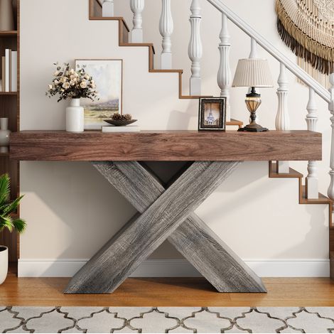 Console étroite avec pieds en X, 140 x 30 x 80 cm, effet bois, noyer HAVRYA (1/5)