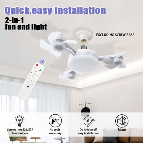 3 Head Drone Socket Fan Light White Remote Control Dimmable 3 Color 3 Speed E27 Screw In Box Magnetic For Bedroom Kitchen (1/5)