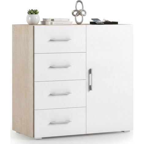 Dmora Credenza Violetta, Mobile buffet a 1 anta e 4 cassetti, Madia da soggiorno, Armadietto multiuso con ripiani, 100% Made in Italy, Cm 90x41h87, Bianco e Rovere, con imballo rinforzato