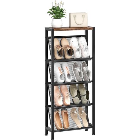 Porte-Chaussures Étroit 5 Niveaux à Étagères Mesh Inclinées, Organisateur d’Éntrée Compact avec Pieds Réglables, Étagère à Chaussures, pour Petits Espaces, Marron Rustique et Noir DTXJ03BF (1/5)