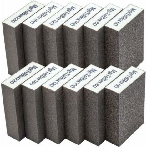 Lot de 12 éponges et blocs de ponçage , grains 60/80/100/120/180/220, lavables et réutilisables. Caractéristiques : (1/4)