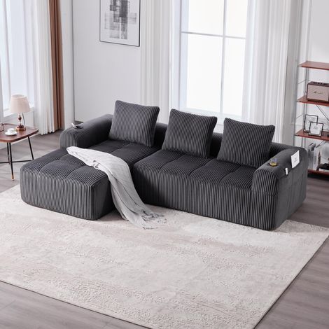 Canapé compact en velours côtelé, doux et modulable. Poche latérale, porte-gobelet, 3 coussins. Confortable, gris foncé pour salon et bureau. (1/5)