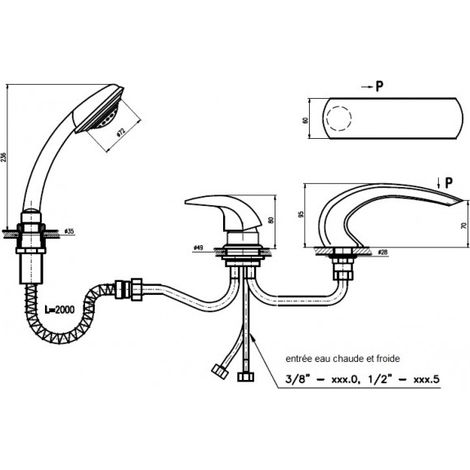 Mitigeur baignoire à cascade DUNAJ 3 trous en laiton doré (1/4)