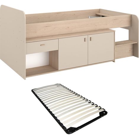 Lit mi-hauteur 90 x 190/200 cm avec rangements – Beige et naturel + Sommier - LUNOBI