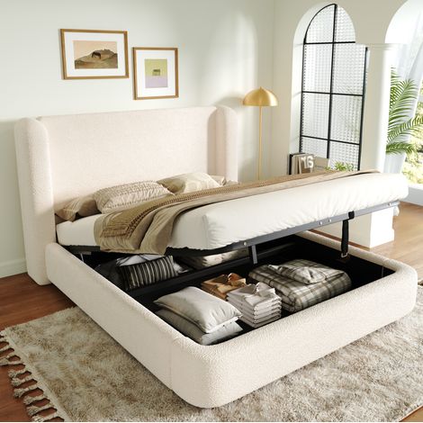 Doppelbett 180x200 cm Beige Bouclé mit Stauraum, Lattenrost und gepolstertem Kopfteil (1/5)