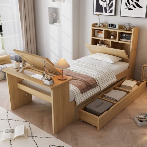 Lit coffre 90x200 cm - Avec tête de lit avec rangement, tiroir et table pliante - En bois - Naturel (1/5)