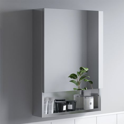 Bathroom Single Door Mirror Stainless Steel Open Shelf Modern Cabinet 500 x 700 (1/5)