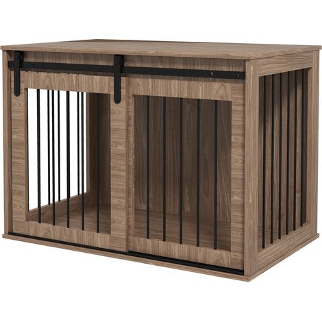 Jaula Para Perros Con Puerta Corredera, Caseta Interior Para Perros Con Aspecto De Madera, Con Cerradura, Para Perros Grandes De Hasta 30 Kg, 98 X 58 X 67 Cm, Nogal