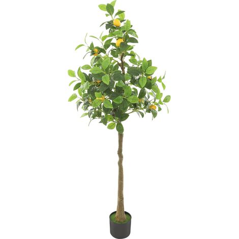 Arbre artificiel citronnier – 1,5 m (4,92 pi), feuilles PE, fruits imitation – Pot rond décoratif – Pour salon, balcon, bureau