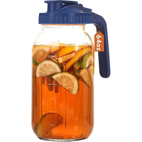 Carafe Mason avec couvercle et bec verseur, 1,8 l - Pichet à lait en verre épais pour lait maternel, pichet à thé soleil, boissons aux fruits, couvercle à bec verseur avec large ouverture pour (1/5)
