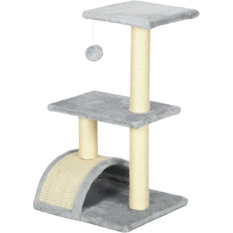 Tiragraffi per gatti da 72 cm, con pallina in peluche, palo in sisal, piattaforma e tiragraffi grigio chiaro, spedito direttamente dal negozio. (1/5)