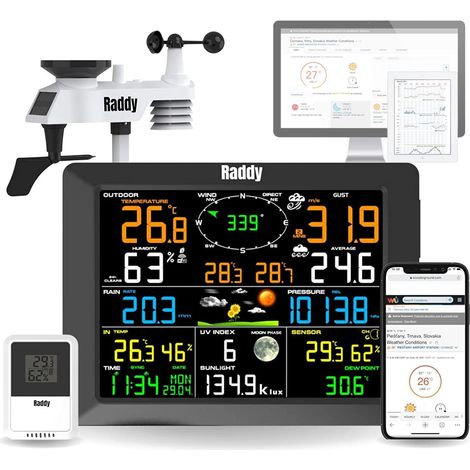 Station météo avec capteur extérieur sans fil, thermomètre intérieur extérieur WiFi 14 en 1 avec écran couleur numérique de 8 pouces, anémomètre, pluviomètre, capteur solaire (1/5)