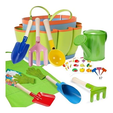 Garden Tools Set for Kids, Spoon, Fork, Trowel, Rake, Cylindrical Shovel with Tote Bag, Watering Can, Gloves, Apron, Plant Labels, Stickers for Kids (1/5)
