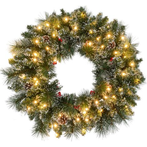 Couronne de Noël artificielle pour porte, 60 cm de long, avec pommes de pin et grappes de baies, lumières LED et minuterie verte (1/5)