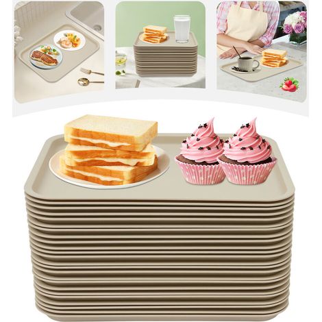 Fast Food - Lot de 24 plateaux de service rectangulaires en plastique antidérapant - 36 x 27 x 2 cm - Pour restaurants rapides, cantines, cafétérias - Kaki (1/5)
