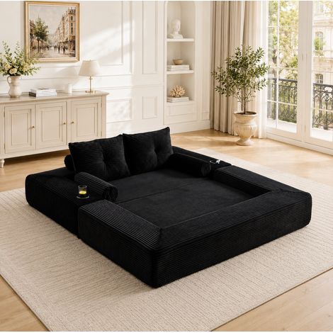 Sofá cama de 2 plazas (180x98x80 cm), convertible en cama, con bolsillos laterales y portavasos, tejido de pana negro (1/5)