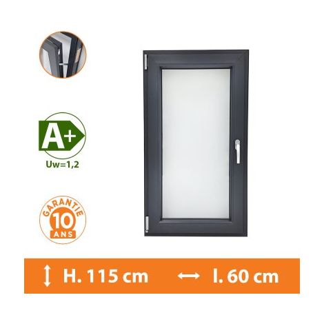 Direct Fenêtres – Fenêtre PVC 1 vantail gris anthracite – Ouverture oscillo-battante – H.115 x l.60 cm – Isolation thermique A+ (1/5)