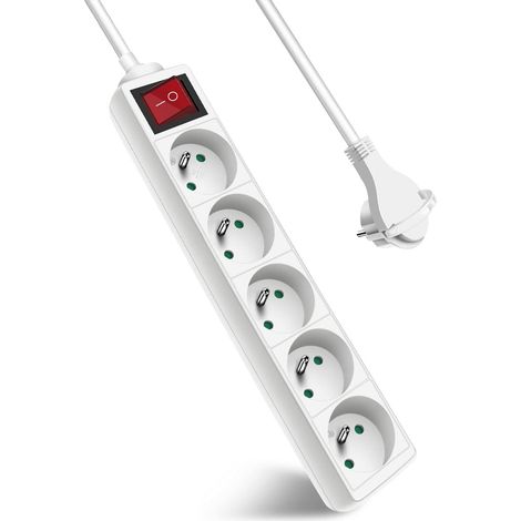 Extrastar Multiprise 5 Prises avec Interrupteur Fiche Plate, Bloc 5 Prises, Rallonge 1.5m 230 V avec sécurité Enfant, Blanc