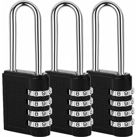 Lucchetto a combinazione a 4 cifre, adatto per la scuola, borsa da viaggio, armadietto, 3 pezzi (nero) (1/4)