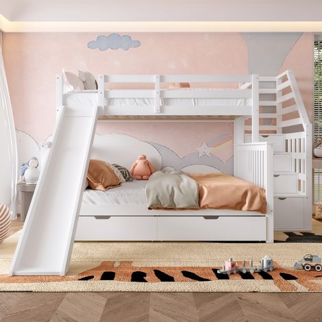 Lit Superposé-Multifonctionnel avec Tiroirs et Toboggan-Rangement Intégré-Blanc-254x238,5x163cm-Sans Matelas (1/5)