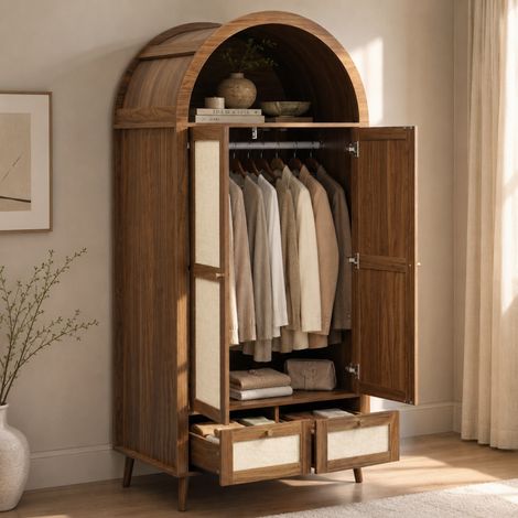 Armoire 2 portes avec penderie et 2 tiroirs, 80 x 55 x 180 cm, noyer et beige HAVRYA (1/5)