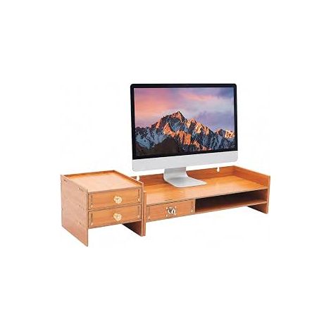 Support de moniteur en bois avec 3 tiroirs avec serrure, rehausseur d'écran - Support de bureau - Angle rotatif à 180° (1/5)