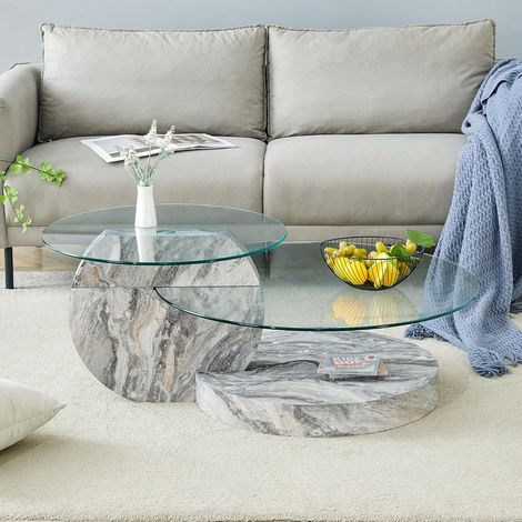 Table basse minimaliste moderne à deux niveaux – Plateau verre de sécurité, design à plusieurs niveaux, support MDF à texture marbre gris – Style épuré et lumineux (1/5)
