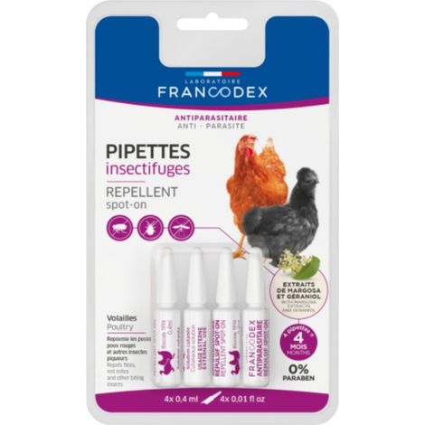 Pipettes insectifuges pour poules, oies et canards – Action répulsive avec margosa et géraniol – Lot de 4 pipettes 0,4 ml – Francodex