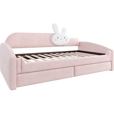 Cama sofá infantil 90 x 200 cm con almacenaje, LED, cojín conejo, terciopelo rosa HOMVRA (1/5)