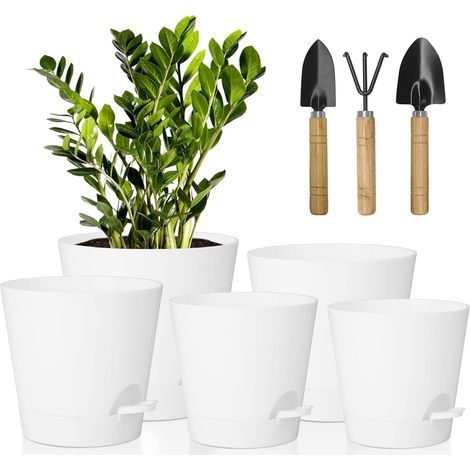 5 piezas de macetas de plástico, macetas para flores/plantas de plástico de 7/6.5/6/5.5/6 pulgadas, autorriego con platillo para flores, adecuado para jardines de balcón interiores y exteriores (blanc (1/5)