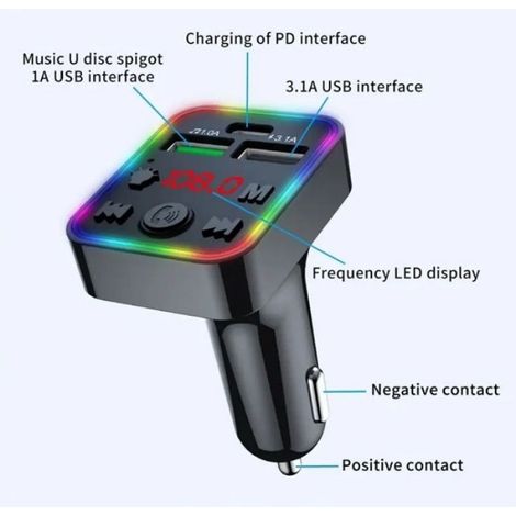 USB Bluetooth double chargeur voiture intelligent appelant LED Câble Adaptateur Connecteur Type-C Sans Fil (1/5)