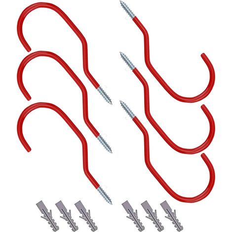 Confezione da 6 ganci per biciclette rossi resistenti per soffitti di garage, ganci di stoccaggio rivestiti in gomma per appendere e riporre biciclette, attrezzi da giardino e attrezzature sportive. (1/5)