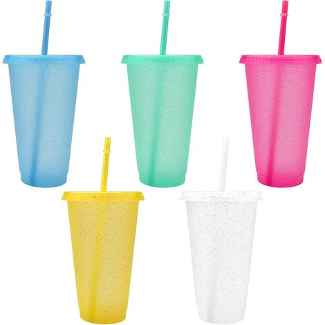 Bicchieri di plastica riutilizzabili, confezione da 5, tazze colorate in acrilico con coperchio e cannuccia, bicchieri di plastica per acqua fredda con ghiaccio, confezione multipla. (1/5)