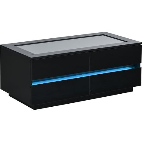 Schwarzer Couchtisch 100x50x40 cm mit 4 Schubladen, Tischplatte aus gehärtetem Glas, LED (1/5)