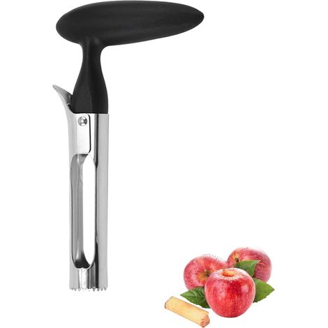 Descorazonador de manzanas profesional de acero inoxidable negro, descorazonador de manzanas, descorazonador de manzanas con mango de borde dentado para cortar y deshuesar peras y otras frutas. (1/5)