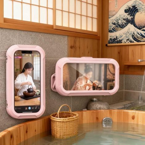 Support de téléphone de douche imperméable, rotation à 360°, réglable, anti-buée, écran tactile avec mains mouillées, pour salle de bain, bain, mur de cuisine, compatible avec 10,2 à 17,8 cm (rose) (1/5)