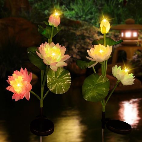 Lot de 2 lampes solaires pour décoration de jardin - Couleur chaude - Lumière LED - Imperméable - Tissu solaire - Décoration de jardin - Cadeau de vacances (lotus, lot de 2) (1/5)