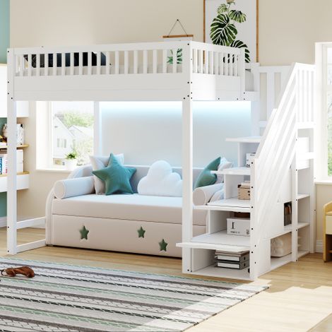 Hochbett mit Sicherheits-Aufbewahrungsleiter, Bettgestell aus massivem Kiefernholz für Kinder und Jugendliche (1/5)