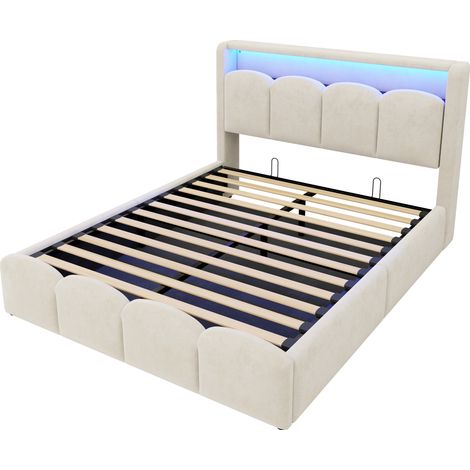 Letto imbottito matrimoniale 140x200 cm beige in velluto con LED, USB e vano contenitore (1/5)