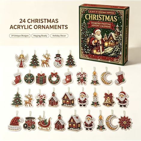 Diamantmalerei-Adventskalender 2026 – 24 Teile – rot, weiß, grün – Acrylmaterial, 2D – 5 cm – Weihnachtlicher Hängeschmuck – Weihnachtskalender – Weihnachtsbaumschmuck – geeignet für Weihnachten und a (1/5)