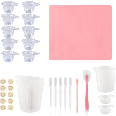 Ensemble d'outils de mesure en silicone, comprenant un racloir, des protège-doigts, une pipette, un outil de mélange de résine époxy, 32 pièces, rose. (1/5)