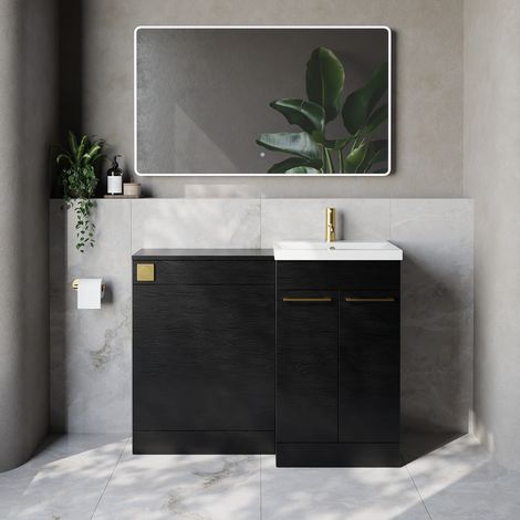 Napoli 390 Cento Nero Oak 1100mm 2 Door Vanity Unit Toilet Suite with Glide Basin - 1100mm - Brushed Brass 160mm HandleWithout Kingston Toilet Pan