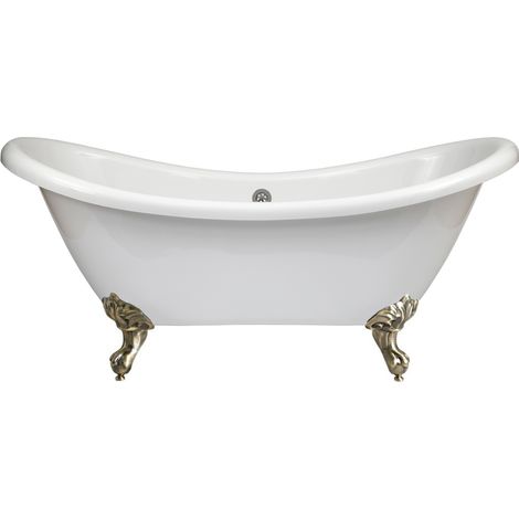 Milano Legend White 1750mm x 730mm Bathroom Double Ended Freestanding Slipper Bath with Feet - Brushed Gold Ball & Claw Feet