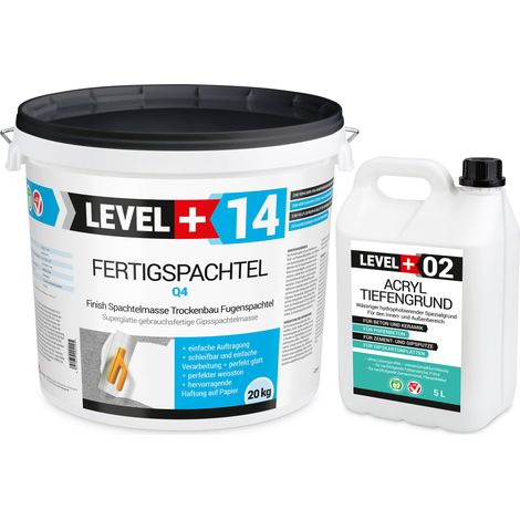 LEVEL+ Fertigspachtel 20kg Spachtelmasse und Acryl Tiefengrund 5L SET600