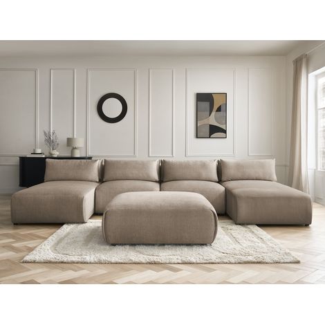 BOBOCHIC - Canapé panoramique fixe modulable avec têtières JANA tissu velours avec 2 méridiennes, 2 chauffeuses et 1 grand pouf Taupe (1/5)