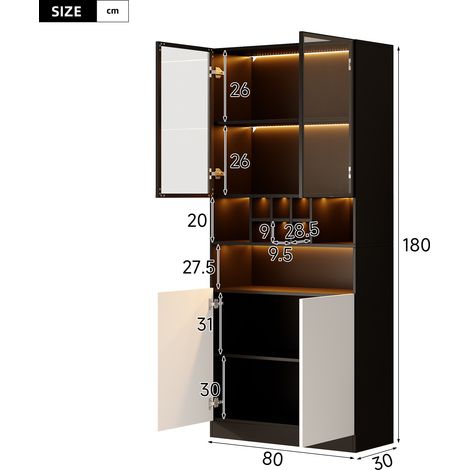Vitrine LED avec verre trempé, armoire haute 80x30x180 cm, étagères ouvertes, rangement bouteilles et vaisselle, coloris noir (1/5)