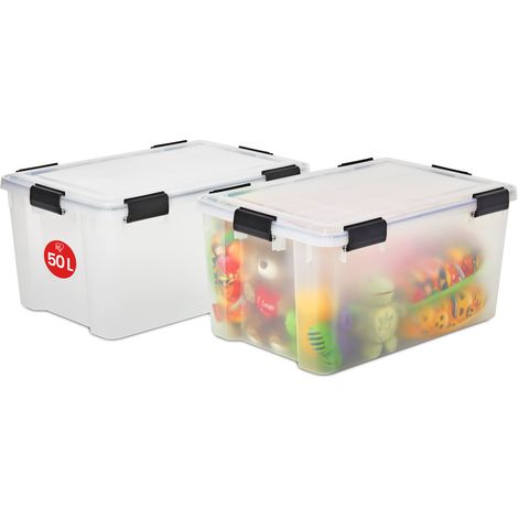 Iris Ohyama, Lot de 2 Boîtes de Rangement, Hermétiques, 50 L, avec clips, empilable , garage, cave, grenier - Air Tight Box AT-L - Transparent