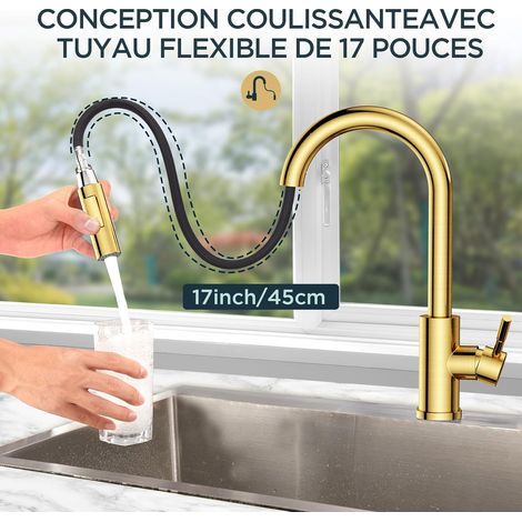Robinet de cuisine doré à double fonction - Pivotant à 360 degrés - Robinet mitigeur de cuisine pré-rincé avec pulvérisateur extractible - Or brossé (1/4)