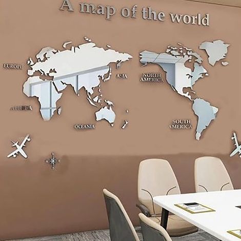 JSSEVN - 3D World Map Acrylic Mirror Reflective Sticker Decor for Living Room DIY Wall Art Silver 47.2 x 23.6 inches for Home Office Study Bedroom (1/5)